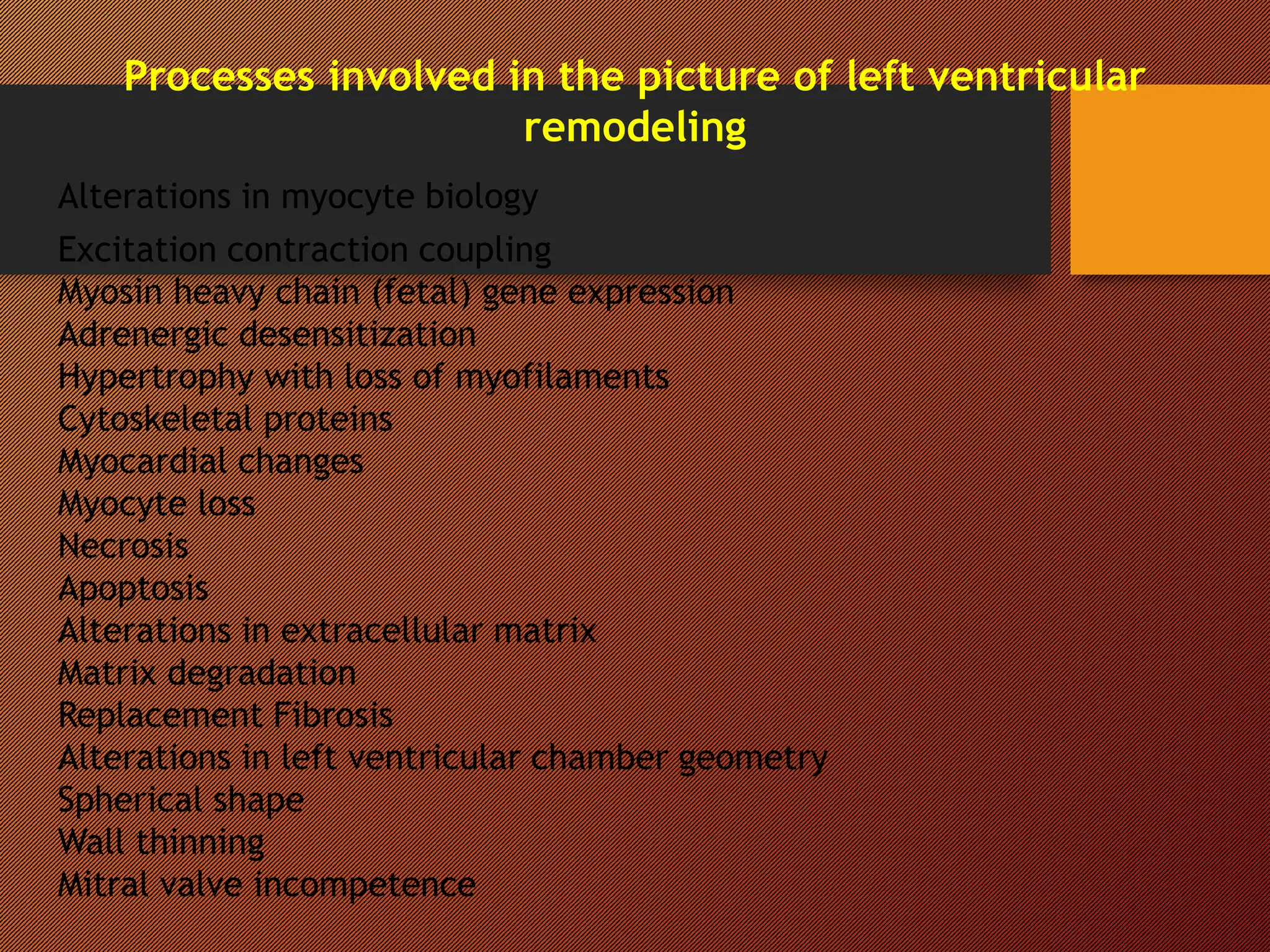 Processes involved in the picture of left ventricular
remodeling
Alterations in myocyte biology
Excitation contraction coupling
Myosin heavy chain (fetal) gene expression
Adrenergic desensitization
Hypertrophy with loss of myofilaments
Cytoskeletal proteins
Myocardial changes
Myocyte loss
Necrosis
Apoptosis
Alterations in extracellular matrix
Matrix degradation
Replacement Fibrosis
Alterations in left ventricular chamber geometry
Spherical shape
Wall thinning
Mitral valve incompetence
 