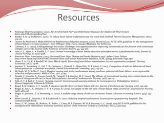 Resources



















American Heart Association. (2012). ACCF/AHA/AMA-PCPI 2011 Performance Measures for Adults with Heart Failure.
doi:10.1161/CIR.06013e3182507bec
Bradke, P. M. & Brubjerm E. (2011). To reduce heart failure readmissions use the teach-back method. Patient Education Management, 18(10),
109-120.
Centers for Medicare & Medicaid Services Readmissions Reduction program. (2013). Retrieved 2013 ACCF/AHA guideline for the management
of heart failure: executive summary. from CMS.gov: http://www.cms.gov/Medicare-Fee-forService
Coleman, E. A. (2003). Fallling through the cracks: Challenges and opportunities for improving transitional care for persons with continuous
complex care needs. Journal of the American Geriatrics Society, 49, 549-555.
Hart, P. L., Spiva, L. & Kimble, L. P. (2011). Nurses' knowledge of heart failure education principles survey: a psychometric study. Journal of
Clinical Nursing, 20, 3020-3028.
American Heart Association. (2013). Retrieved from Heart Disease and Stroke Statistics-2013 Update/Heart Failure:
http://www.heart.org/HEARTORG/General/Heart-and-Stroke-Association-Statistics_UCM_319043_SubHome Page.jsp#
Hines, P. A., Yu, K. & Randall, M. (2010, March-April). Preventing heart failure readmissions: Is your organization prepared? Nursing
Economic$, 28(2), 74-86.
Jaarsma, T., Stromberg, A., Gal, T. B., Cameron, J., Driscoll, A., Hans-Dirk, D. & Inkrot, S. (2013). Comparison of self care behaviors of heart
failure patients in 15 countries worldwide. Patient Education and Counseling, 92(1), 114-120.
McHugh, M. D., & Ma, C. (2013). Hospital nursing and 30 day readmissions among medicare patients with heart failure, acute myocardial
infarction and pneumonia. Medical Care, 51(1), 52-59.
Paradis, V. Cossette, S., Frasure-Smith, N., Heppell, S. & Guertin, M. C. (2010). The efficacy of motivational nursing intervention based on the
stages of change on self-care in heart failure patients. Journal of Cardiovascular Nursing, 25(2), 130-141.
Polit, D. F. & Beck C. T. (2012). Nursing research: Generating and assessing evidence for nursing practice. Philadelphia: Wolters
Kluwer/Lippincott Williams & Wilkins.
Riegel, B. & Dickson, V. V. (2008). A situation-specific theory of heart failure self-care. Journal of Cardiovascular Nursing, 23(3), 190-196.
Riegel, B., Lee, C. S., Dickson, V. V. & Carlson, B. (2009). An update on the self-care of heart failure index. Journal of Cardiovascular Nursing,
24(6), 485-497.
Riegel, B., Jaarsma, , T. & Stromberg, A. (2012). A middle-range theory of self-care of chronic illness. Advances in Nursing Science, 35(3), 194204.
Silow-Carroll, S., Edwards, J. N. & Lashbrook A. (2011). Reducing hospital readmissions: Lessons from top-performing hospitals. The
Commonwealth Fund.
Yancy, C. W., Jessup, M., Bozkurt, B., Butler, J., Casey, D. E. Drazner, M. H. & Fonarow, G. C. (2013). 2013 ACCF/AHA guideline for the
management of heart failure: executive summary. Journal of the American College of Cardiology, 62(13), 1495-1539.

 