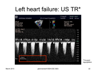 Left heart failure: US TR*




                 Eval.
                 systolic PA pressure                    *Tricuspid
                                                         regurgitation



March 2013                    ghennersdorf DGK ESC SES           22
 