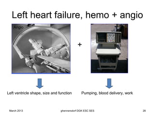 Left heart failure, hemo + angio
    Angio



                                            +


                                                      hemodynamics




Left ventricle shape, size and function       Pumping, blood delivery, work



 March 2013                     ghennersdorf DGK ESC SES                      28
 
