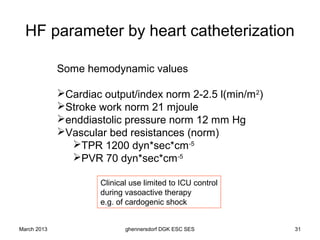 HF parameter by heart catheterization

             Some hemodynamic values

             Cardiac output/index norm 2-2.5 l(min/m 2)
             Stroke work norm 21 mjoule
             enddiastolic pressure norm 12 mm Hg
             Vascular bed resistances (norm)
               TPR 1200 dyn*sec*cm-5
               PVR 70 dyn*sec*cm-5

                      Clinical use limited to ICU control
                      during vasoactive therapy
                      e.g. of cardogenic shock


March 2013                   ghennersdorf DGK ESC SES       31
 