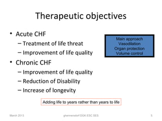 Therapeutic objectives
• Acute CHF
                                                         Main approach
     – Treatment of life threat                           Vasodilation
                                                        Organ protection
     – Improvement of life quality                       Volume control

• Chronic CHF
     – Improvement of life quality
     – Reduction of Disability
     – Increase of longevity
              Adding life to years rather than years to life


March 2013                ghennersdorf DGK ESC SES                         5
 