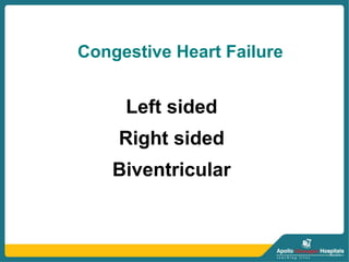 Congestive Heart Failure
Left sided
Right sided
Biventricular
 