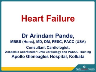 Heart Failure
Dr Arindam Pande,
MBBS (Hons), MD, DM, FESC, FACC (USA)
Consultant Cardiologist,
Academic Coordinator: DNB Cardiology and PGDCC Training
Apollo Gleneagles Hospital, Kolkata
 
