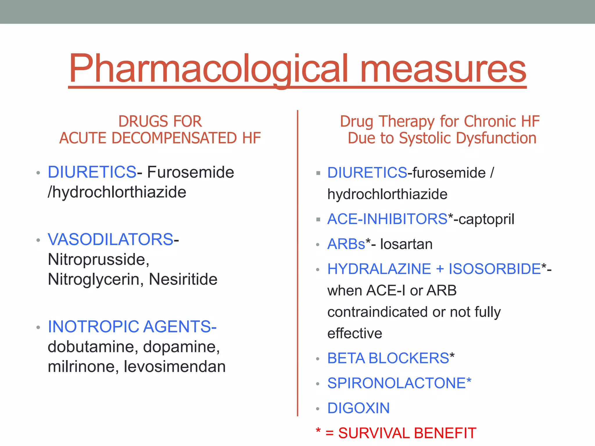 Pharmacological measures
DRUGS FOR
ACUTE DECOMPENSATED HF
• DIURETICS- Furosemide
/hydrochlorthiazide
• VASODILATORS-
Nitroprusside,
Nitroglycerin, Nesiritide
• INOTROPIC AGENTS-
dobutamine, dopamine,
milrinone, levosimendan
Drug Therapy for Chronic HF
Due to Systolic Dysfunction
 DIURETICS-furosemide /
hydrochlorthiazide
 ACE-INHIBITORS*-captopril
• ARBs*- losartan
• HYDRALAZINE + ISOSORBIDE*-
when ACE-I or ARB
contraindicated or not fully
effective
• BETA BLOCKERS*
• SPIRONOLACTONE*
• DIGOXIN
* = SURVIVAL BENEFIT
 