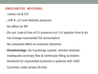 OMECAMTIVE MECARBIL
• ↑stoke vol & CO
• ↓HR & ↓LV end diastolic pressure.
• No effect on BP
• Do not ↑rate of rise of LV pressure but ↑LV ejection time & do
not change myocardial O2 consumption
• No untoward effect on exercise tolerance
• Disadvantage :As it prolongs systole, shorten diastole-
inadequate coronary flow & ventricular filling so lowers
threshold for myocardial ischemia in patients with CAD
• Currently under phase 2b trial.
 