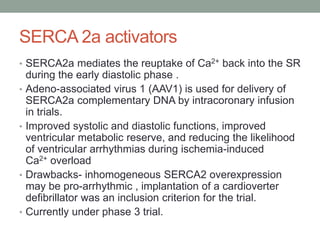 SERCA 2a activators
• SERCA2a mediates the reuptake of Ca2+ back into the SR
during the early diastolic phase .
• Adeno-associated virus 1 (AAV1) is used for delivery of
SERCA2a complementary DNA by intracoronary infusion
in trials.
• Improved systolic and diastolic functions, improved
ventricular metabolic reserve, and reducing the likelihood
of ventricular arrhythmias during ischemia-induced
Ca2+ overload
• Drawbacks- inhomogeneous SERCA2 overexpression
may be pro-arrhythmic , implantation of a cardioverter
defibrillator was an inclusion criterion for the trial.
• Currently under phase 3 trial.
 