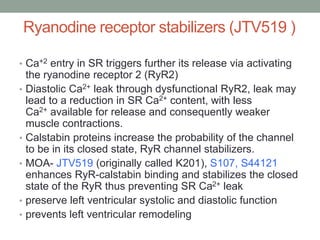 Ryanodine receptor stabilizers (JTV519 )
• Ca+2 entry in SR triggers further its release via activating
the ryanodine receptor 2 (RyR2)
• Diastolic Ca2+ leak through dysfunctional RyR2, leak may
lead to a reduction in SR Ca2+ content, with less
Ca2+ available for release and consequently weaker
muscle contractions.
• Calstabin proteins increase the probability of the channel
to be in its closed state, RyR channel stabilizers.
• MOA- JTV519 (originally called K201), S107, S44121
enhances RyR-calstabin binding and stabilizes the closed
state of the RyR thus preventing SR Ca2+ leak
• preserve left ventricular systolic and diastolic function
• prevents left ventricular remodeling
 