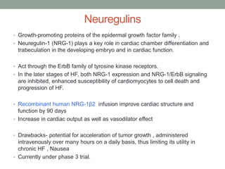 Neuregulins
• Growth-promoting proteins of the epidermal growth factor family .
• Neuregulin-1 (NRG-1) plays a key role in cardiac chamber differentiation and
trabeculation in the developing embryo and in cardiac function.
• Act through the ErbB family of tyrosine kinase receptors.
• In the later stages of HF, both NRG-1 expression and NRG-1/ErbB signaling
are inhibited, enhanced susceptibility of cardiomyocytes to cell death and
progression of HF.
• Recombinant human NRG-1β2 infusion improve cardiac structure and
function by 90 days
• Increase in cardiac output as well as vasodilator effect
• Drawbacks- potential for acceleration of tumor growth , administered
intravenously over many hours on a daily basis, thus limiting its utility in
chronic HF , Nausea
• Currently under phase 3 trial.
 
