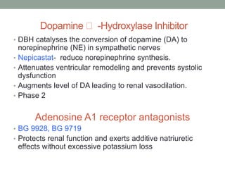 Dopamine -Hydroxylase Inhibitor
• DBH catalyses the conversion of dopamine (DA) to
norepinephrine (NE) in sympathetic nerves
• Nepicastat- reduce norepinephrine synthesis.
• Attenuates ventricular remodeling and prevents systolic
dysfunction
• Augments level of DA leading to renal vasodilation.
• Phase 2
Adenosine A1 receptor antagonists
• BG 9928, BG 9719
• Protects renal function and exerts additive natriuretic
effects without excessive potassium loss
 