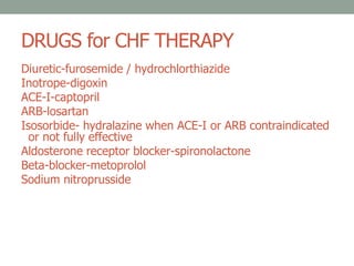 DRUGS for CHF THERAPY
Diuretic-furosemide / hydrochlorthiazide
Inotrope-digoxin
ACE-I-captopril
ARB-losartan
Isosorbide- hydralazine when ACE-I or ARB contraindicated
or not fully effective
Aldosterone receptor blocker-spironolactone
Beta-blocker-metoprolol
Sodium nitroprusside
 
