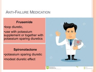 ANTI-FAILURE MEDICATION
Frusemide
•loop diuretic,
•use with potassium
supplement or together with
potassium sparing diuretics
Spironolactone
•potassium sparing diuretic
•modest diuretic effect
 