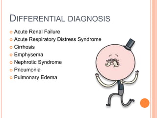 DIFFERENTIAL DIAGNOSIS
 Acute Renal Failure
 Acute Respiratory Distress Syndrome
 Cirrhosis
 Emphysema
 Nephrotic Syndrome
 Pneumonia
 Pulmonary Edema
 