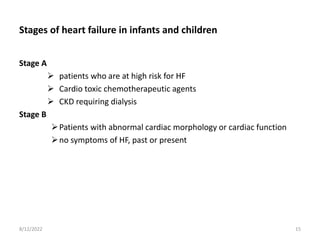 Stages of heart failure in infants and children
Stage A
 patients who are at high risk for HF
 Cardio toxic chemotherapeutic agents
 CKD requiring dialysis
Stage B
Patients with abnormal cardiac morphology or cardiac function
no symptoms of HF, past or present
8/12/2022 15
 