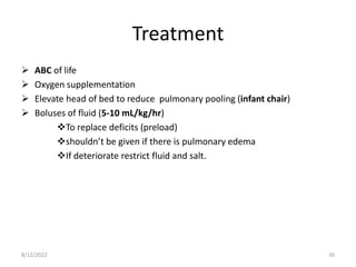 Treatment
 ABC of life
 Oxygen supplementation
 Elevate head of bed to reduce pulmonary pooling (infant chair)
 Boluses of fluid (5-10 mL/kg/hr)
To replace deficits (preload)
shouldn’t be given if there is pulmonary edema
If deteriorate restrict fluid and salt.
8/12/2022 30
 