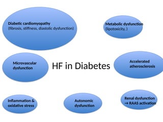 HF in Diabetes
Diabetic cardiomyopathy
(fibrosis, stiffness, diastolic dysfunction)
Metabolic dysfunction
(lipotoxicity, )
Microvascular
dysfunction
Accelerated
atherosclerosis
Inflammation &
oxidative stress
Autonomic
dysfunction
Renal dysfunction
→ RAAS activation
 