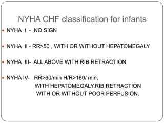 NYHA CHF classification for infants
 NYHA I - NO SIGN
 NYHA II - RR>50 , WITH OR WITHOUT HEPATOMEGALY
 NYHA III- ALL ABOVE WITH RIB RETRACTION
 NYHA IV- RR>60/min H/R>160/ min,
WITH HEPATOMEGALY,RIB RETRACTION
WITH OR WITHOUT POOR PERFUSION.
 