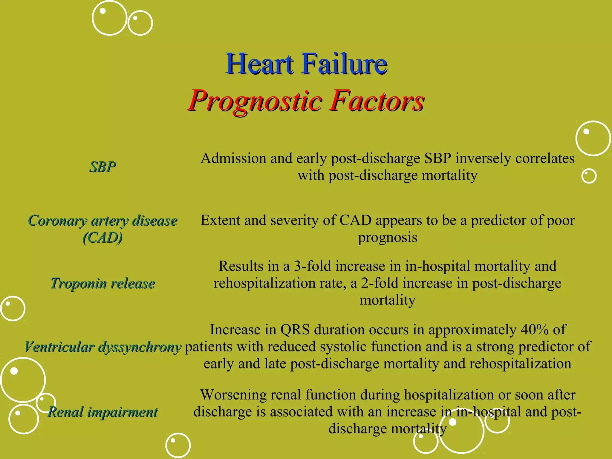 Heart Failure
Prognostic Factors
SBP

Admission and early post-discharge SBP inversely correlates
with post-discharge mortality

Coronary artery disease
(CAD)

Extent and severity of CAD appears to be a predictor of poor
prognosis

Troponin release

Results in a 3-fold increase in in-hospital mortality and
rehospitalization rate, a 2-fold increase in post-discharge
mortality

Increase in QRS duration occurs in approximately 40% of
Ventricular dyssynchrony patients with reduced systolic function and is a strong predictor of
early and late post-discharge mortality and rehospitalization
Renal impairment

Worsening renal function during hospitalization or soon after
discharge is associated with an increase in in-hospital and postdischarge mortality

 