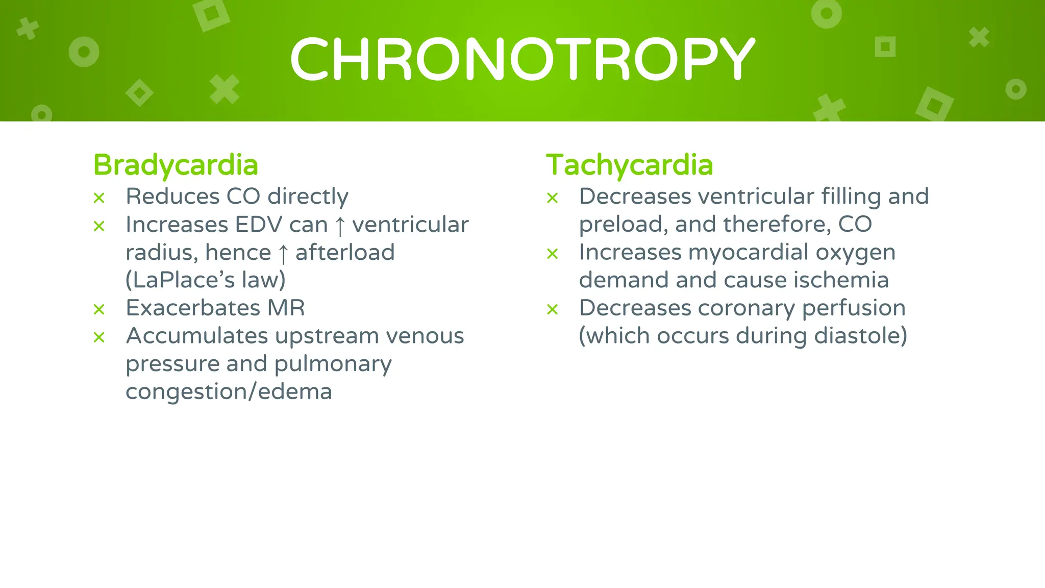 Bradycardia
× Reduces CO directly
× Increases EDV can ↑ ventricular
radius, hence ↑ afterload
(LaPlace’s law)
× Exacerbates MR
× Accumulates upstream venous
pressure and pulmonary
congestion/edema
CHRONOTROPY
Tachycardia
× Decreases ventricular filling and
preload, and therefore, CO
× Increases myocardial oxygen
demand and cause ischemia
× Decreases coronary perfusion
(which occurs during diastole)
 