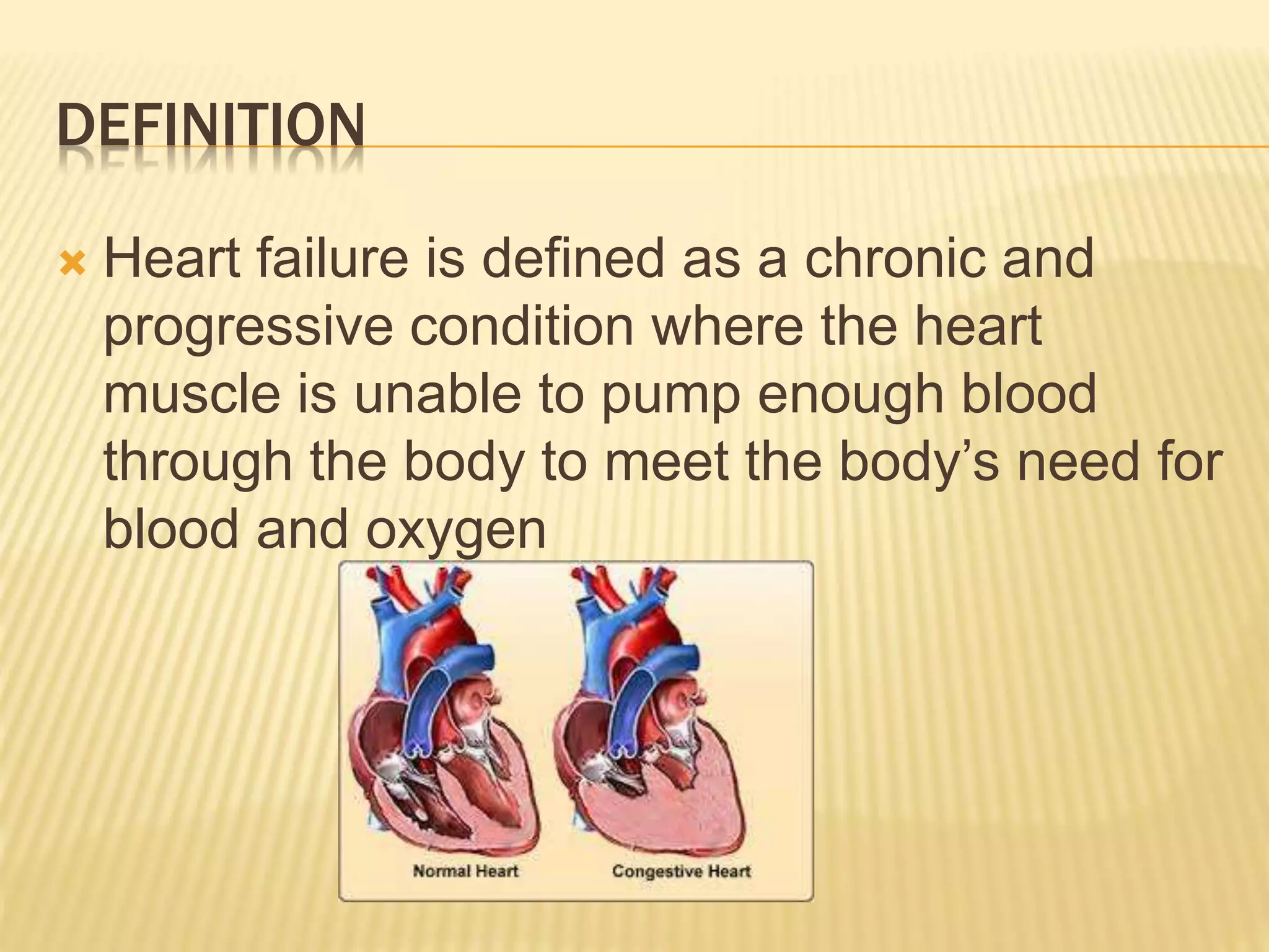 DEFINITION
 Heart failure is defined as a chronic and
progressive condition where the heart
muscle is unable to pump enough blood
through the body to meet the body’s need for
blood and oxygen
 