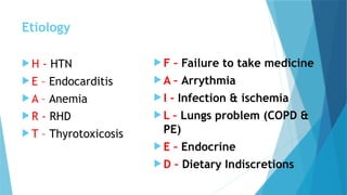 Etiology
 H - HTN
 E – Endocarditis
 A – Anemia
 R - RHD
 T – Thyrotoxicosis
 F – Failure to take medicine
 A – Arrythmia
 I – Infection & ischemia
 L – Lungs problem (COPD &
PE)
 E – Endocrine
 D – Dietary Indiscretions
 