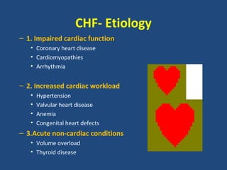 CHF- Etiology
– 1. Impaired cardiac function
   • Coronary heart disease
   • Cardiomyopathies
   • Arrhythmia


– 2. Increased cardiac workload
   •   Hypertension
   •   Valvular heart disease
   •   Anemia
   •   Congenital heart defects
– 3.Acute non-cardiac conditions
   • Volume overload
   • Thyroid disease
 