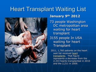 Heart Transplant Waiting List
January 9th 2012
73 people Washington
DC metropolitan area
waiting for heart
transplant
3155 people In USA
waiting for heart
Transplant
2011, 1,760 patients on the heart
wait list received heart
transplants. That figure
represents a decrease from the
2,333 hearts transplanted in 2010
and the 2,211 in 2009.
 
