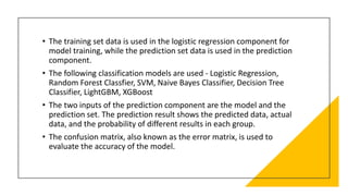 • The training set data is used in the logistic regression component for
model training, while the prediction set data is used in the prediction
component.
• The following classification models are used - Logistic Regression,
Random Forest Classfier, SVM, Naive Bayes Classifier, Decision Tree
Classifier, LightGBM, XGBoost
• The two inputs of the prediction component are the model and the
prediction set. The prediction result shows the predicted data, actual
data, and the probability of different results in each group.
• The confusion matrix, also known as the error matrix, is used to
evaluate the accuracy of the model.
 