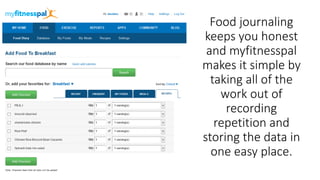 Food journaling 
keeps you honest 
and myfitnesspal 
makes it simple by 
taking all of the 
work out of 
recording 
repetition and 
storing the data in 
one easy place. 
 