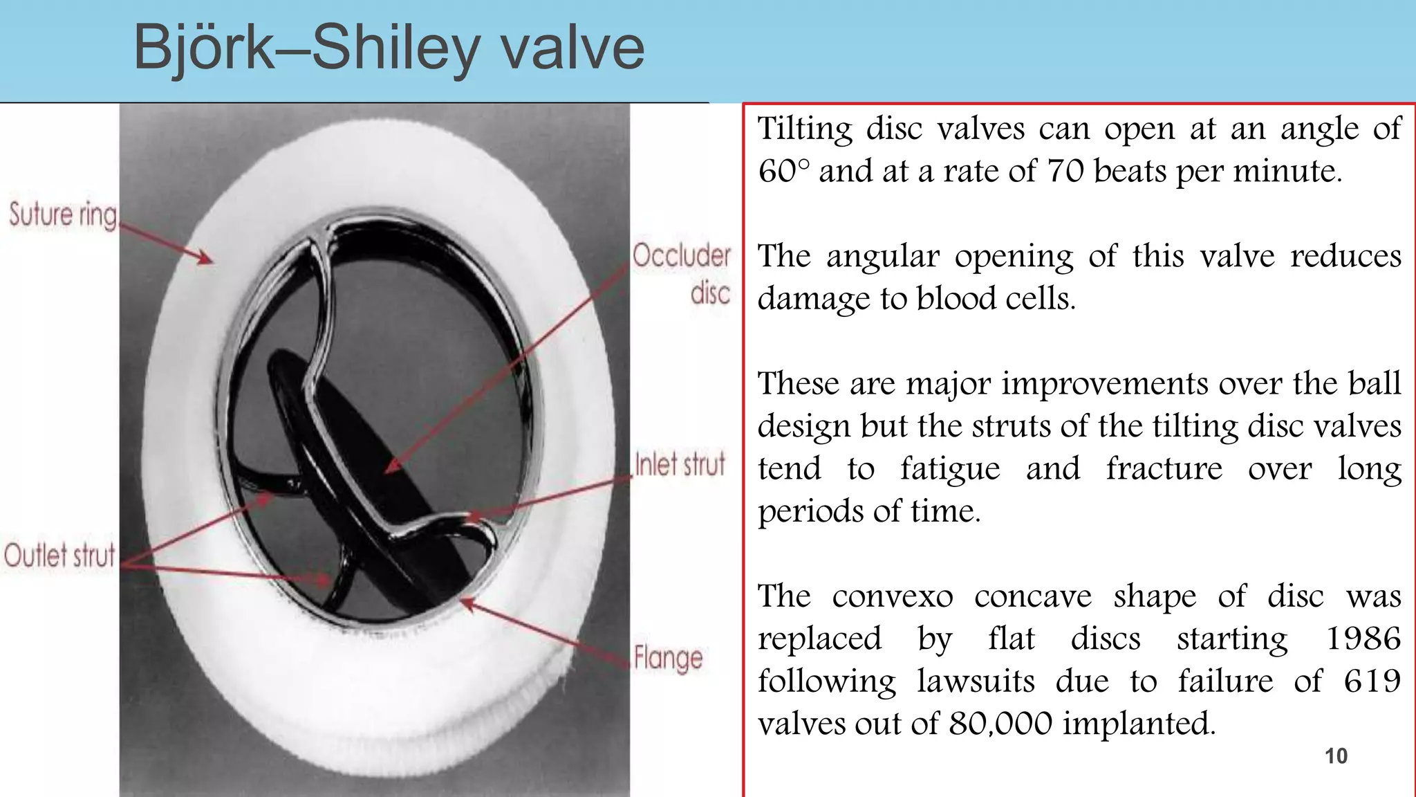 Björk–Shiley valve
Construction
• The Björk–Shiley valve consists of
a single carbon-coated disc in a
metal housing.
• The disc is held in place by two
metal struts, an inflow and an
outflow strut.
• The housing is made from the
alloy Haynes 25, which is
composed of 51% cobalt,
20% chromium, 15% tungsten,
and 10% nickel.
• The Björk–Shiley valve was
considered very durable and was
widely used in the 1970
The Björk–Shiley valve is a mechanical
prosthetic heart valve. The valve was co-
invented by American engineer Donald
Shiley and Swedish heart surgeon Viking
Björk.
Beginning in 1971, it has been used to
replace aortic valves and mitral valves. It was
the first successful tilting-disc valve
Tilting disc valves can open at an angle of
60° and at a rate of 70 beats per minute.
The angular opening of this valve reduces
damage to blood cells.
These are major improvements over the ball
design but the struts of the tilting disc valves
tend to fatigue and fracture over long
periods of time.
The convexo concave shape of disc was
replaced by flat discs starting 1986
following lawsuits due to failure of 619
valves out of 80,000 implanted.
10
10
 