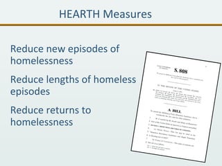 Reduce new episodes of
homelessness
Reduce lengths of homeless
episodes
Reduce returns to
homelessness
HEARTH Measures
 