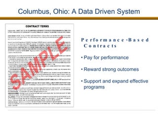 Columbus, Ohio: A Data Driven System Performance-Based Contracts Pay for performance Reward strong outcomes Support and expand effective programs 