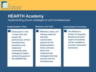 Implementing proven strategies to end homelessness HEARTH Academy Implementation Clinic Participants in this 1.5 day clinic will assess the performance of their homelessness assistance and implement community-wide strategies to better achieve the goals of the HEARTH Act.  Individualized Consulting The Alliance’s Center for Capacity Building and other expert consultants will be available to provide customized assistance.  Webinars and Tools Webinars, tools, and training materials will help communities prepare for the Implementation Clinic and learn about and implement the strategies that help prevent and end homelessness.  