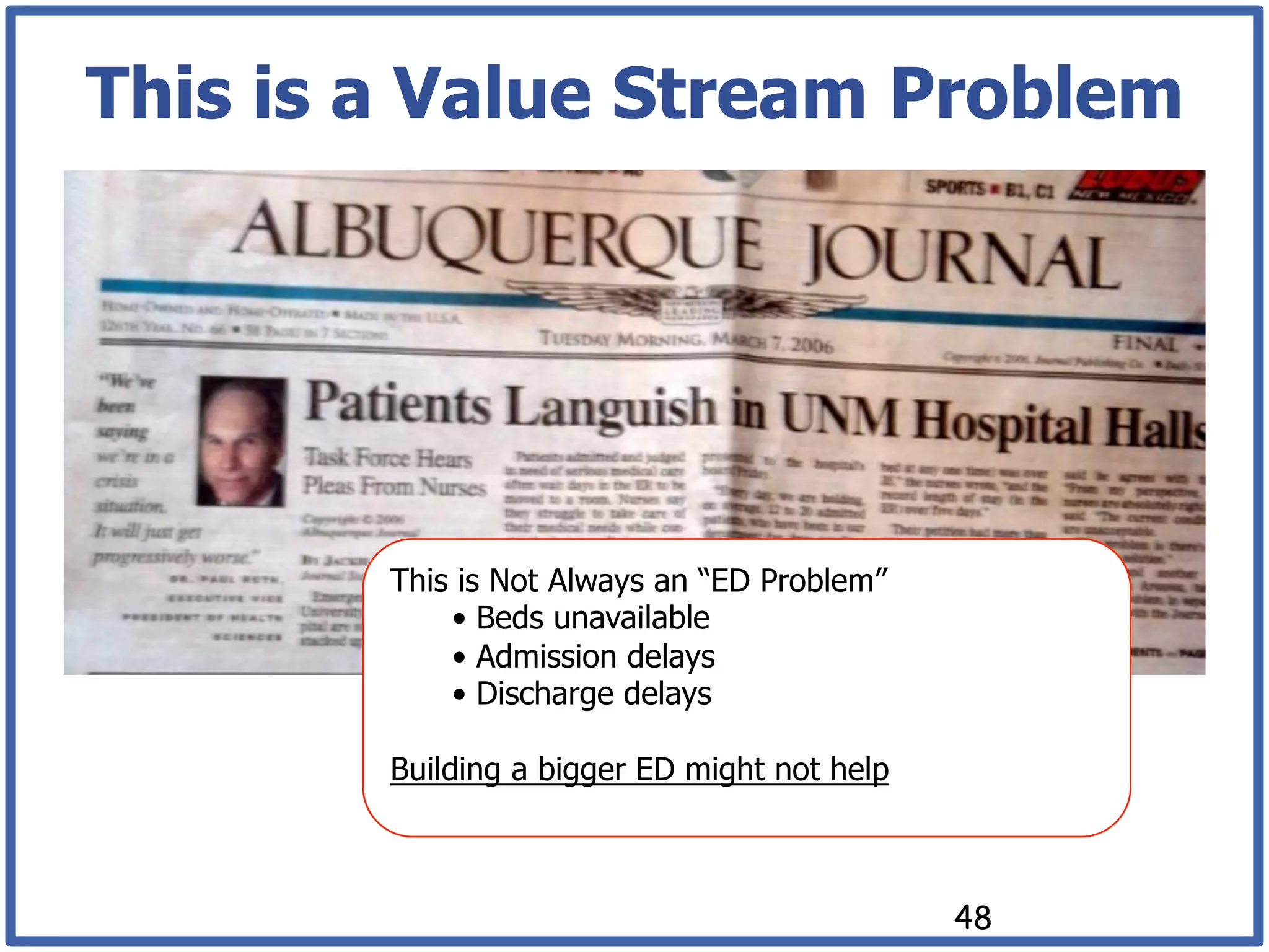 This is a Value Stream Problem




        This is Not Always an “ED Problem”
            •  Beds unavailable
            •  Admission delays
            •  Discharge delays

        Building a bigger ED might not help



                                              48
 
