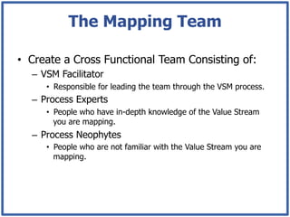 The Mapping Team

•  Create a Cross Functional Team Consisting of:
  –  VSM Facilitator
     •  Responsible for leading the team through the VSM process.
  –  Process Experts
     •  People who have in-depth knowledge of the Value Stream
        you are mapping.
  –  Process Neophytes
     •  People who are not familiar with the Value Stream you are
        mapping.
 
