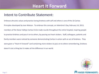 Heart It Forward
Intent to Contribute Statement:
Embrace altruistic values and practice loving kindness with self and others is one of the 10 Caritas
Principles developed by Jean Watson. To embrace this concept, on Valentine’s Day, February 14, 2013,
members of the Kaiser Vallejo Caritas Circle made rounds throughout the entire hospital, inspiring people
to practice kindness and pass it on to others, by passing out heart stickers. Staff, colleagues, patients and
family members were noticed by someone demonstrating Caritas in action with an act of kindness. They
were given a “Heart It Forward” card containing more stickers to pass on to others remembering, kindness
doesn’t cost a thing but it makes all the difference in our world.

Page 2

 