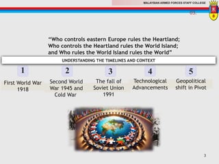 MALAYSIAN ARMED FORCES STAFF COLLEGE
1 2 3 4
UNDERSTANDING THE TIMELINES AND CONTEXT
“Who controls eastern Europe rules the Heartland;
Who controls the Heartland rules the World Island;
and Who rules the World Island rules the World”
First World War
1918
Second World
War 1945 and
Cold War
The fall of
Soviet Union
1991
Technological
Advancements
5
Geopolitical
shift in Pivot
03.
3
 