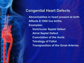 Congenital Heart Defects
• Abnormalities in heart present at birth
• Affects 8:1000 live births
• Examples:
   • Ventricular Septal Defect
   • Atrial Septal Defect
   • Coarctation of the Aorta
   • Tetralogy of Fallot
   • Transposition of the Great Arteries
 