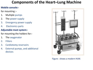 Components of the Heart–Lung Machine
Mobile console:-
for mounting :-
1. Multiple pumps
2. The power supply
3. Emergency power supply
4. Electronics parts
Adjustable mast system:-
for mounting the holders for:-
1. The oxygenator
2. Filters
3. Cardiotomy reservoirs
4. External pumps, and additional
devices
Figure : shows a modern HLM.
 