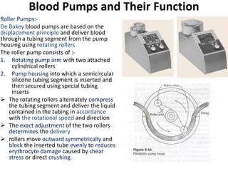 Blood Pumps and Their Function
Roller Pumps:-
De Bakey blood pumps are based on the
displacement principle and deliver blood
through a tubing segment from the pump
housing using rotating rollers
The roller pump consists of :-
1. Rotating pump arm with two attached
cylindrical rollers
2. Pump housing into which a semicircular
silicone tubing segment is inserted and
then secured using special tubing
inserts
 The rotating rollers alternately compress
the tubing segment and deliver the liquid
contained in the tubing in accordance
with the rotational speed and direction
 The exact adjustment of the two rollers
determines the delivery
 rollers move outward symmetrically and
block the inserted tube evenly to reduces
erythrocyte damage caused by shear
stress or direct crushing.
 