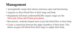 Management
• prostaglandin -keeps their ductus arteriosus open and functioning.
• surgeries to direct blood flow to their lungs and body
• Hypoplastic left heart syndrome(HLHS) surgery stages are the
Norwood, Glenn and Fontan procedures.
• Reconstruct underdeveloped aorta to provide blood flow to their body.
• Create a connection between the upper chambers of their heart. This
drains oxygen-rich blood from their lungs to supply their body.
 