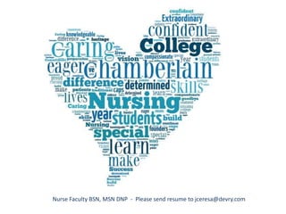 Nurse Faculty BSN, MSN DNP - Please send resume to jceresa@devry.com
 