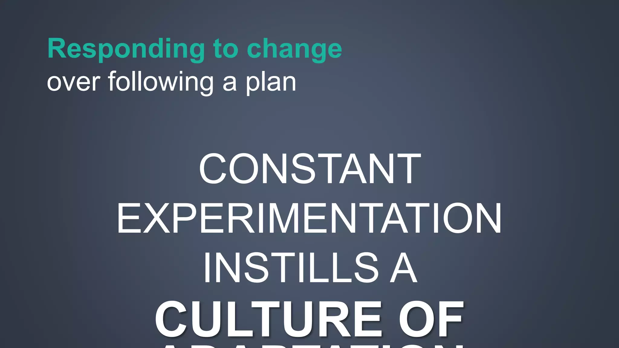 Responding to change 
over following a plan 
CONSTANT 
EXPERIMENTATION 
INSTILLS A 
CULTURE OF 
ADAPTATION 
 