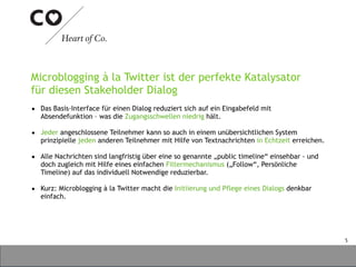 Microblogging à la Twitter ist der perfekte Katalysator
für diesen Stakeholder Dialog
•   Das Basis-Interface für einen Di...