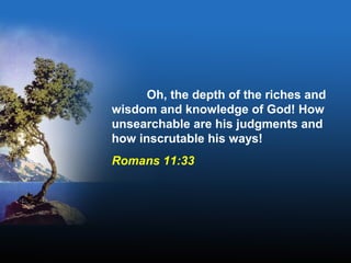Oh, the depth of the riches and
wisdom and knowledge of God! How
unsearchable are his judgments and
how inscrutable his ways!
Romans 11:33
 