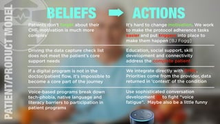 BELIEFS ACTIONSPATIENT/PRODUCTMODEL
Patients don’t forget about their
CHF, motivation is much more
complex
Driving the data capture check list
does not meet the patient’s core
support needs
It’s hard to change motivation. We work
to make the protocol adherence tasks
easier and put triggers into place to
make them happen [BJ Fogg]
If a digital program is not in the
doctor/patient ﬂow, it’s impossible to
become a core part of the journey
Voice-based programs break down
tech-phobia, native language and
literacy barriers to participation in
patient programs
Education, social support, skill
development and connectivity
address the complete patient
We integrate directly with EMRs.
Priorities come from the provider, data
returned in ‘context’ of the condition
Use sophisticated conversation
development AI to ﬁght “voice
fatigue”. Maybe also be a little funny
 