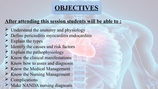 OBJECTIVES
After attending this session students will be able to :
 Understand the anatomy and physiology
 Define pericarditis myocarditis endocarditis
 Explain the types
 Identify the causes and risk factors
 Explain the pathophysiology
 Know the clinical manifestations
 Know how to asses and diagnosis
 Know the Medical Management
 Know the Nursing Management
 Complications
 Make NANDA nursing diagnosis
 