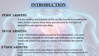 INTRODUCTION
PERICARDITIS:
It is the swelling and irritation of thin sac like tissues surrounding the
heart. It often causes sharp chest pain occurred by the layers of
pericardium rub against each other.
MYOCARDITIS:
It is an inflammatory process involving the myocardium, can cause
heart dilation, thrombi on the heart wall, Infiltration of circulating
blood cells around the coronary vessels and between the muscle
fibres.
ENDOCARDITIS:
It is the inflammation of the inner lining of the heart chambers and walls, and
usually caused by the infection from blood stream and attach to damage area of the
heart.
 