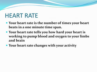 HEART RATE
 Your heart rate is the number of times your heart
  beats in a one minute time span.
 Your heart rate tells you how hard your heart is
  working to pump blood and oxygen to your limbs
  and brain
 Your heart rate changes with your activity
 