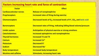Factors increasing heart rate and force of contraction
Factor Effect
Cardioaccelerator nerves Release of norepinephrine
Proprioceptors Increased rates of firing during exercise
Chemoreceptors Decreased levels of O2; increased levels of H+, CO2, and lactic acid
Baroreceptors Decreased rates of firing, indicating falling blood volume/pressure
Limbic system Anticipation of physical exercise or strong emotions
Catecholamines Increased epinephrine and norepinephrine
Thyroid hormones Increased T3 and T4
Calcium Increased Ca2+
Potassium Decreased K+
Sodium Decreased Na+
Body temperature Increased body temperature
Nicotine and caffeine Stimulants, increasing heart rate
 